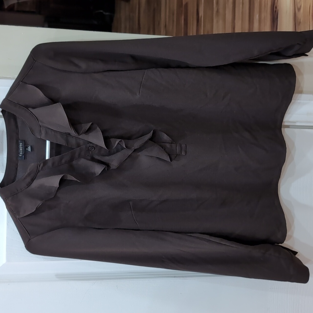 TALBOTS size 2 brown chiffon long sleeve blouse ruffle half button up